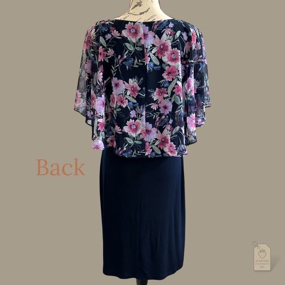 Navy Sheath Dress with Floral Chiffon Cape Overlay Size 6 Special Occasion - Picture 6 of 7